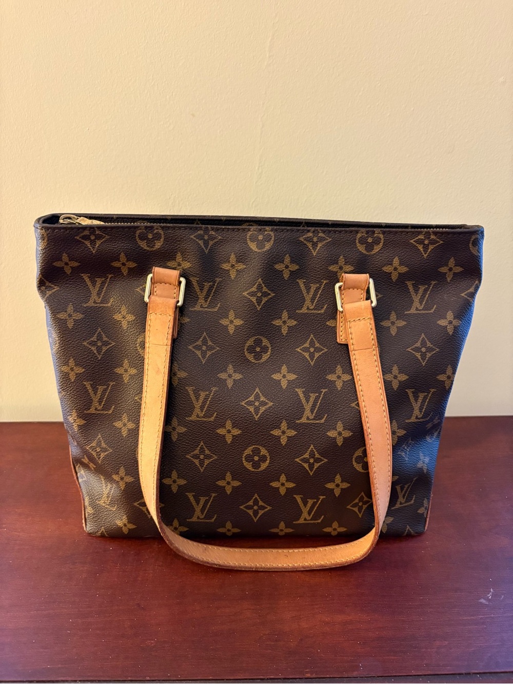 Louis Vuitton Monogram Canvas Shoulder Bag in Brown with Tan Straps